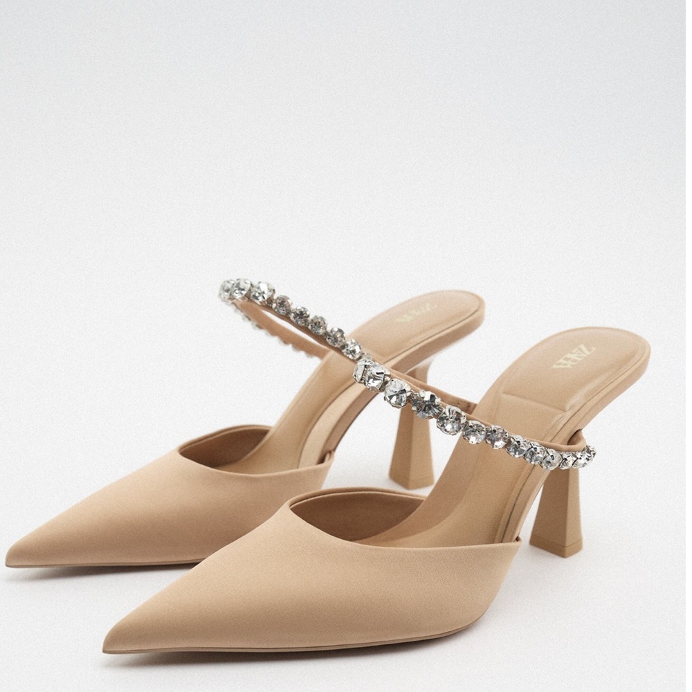 🩵 ZARA Nude Satin Rhinestone Gem Heeled Mules Heels